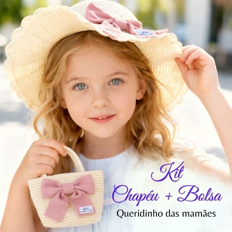 🎀 Kit, conjunto Bolsa + Chapéu Infantil criança bebê com Laço 3 a 7 anos – antialérgico,  leve e confortável🌸