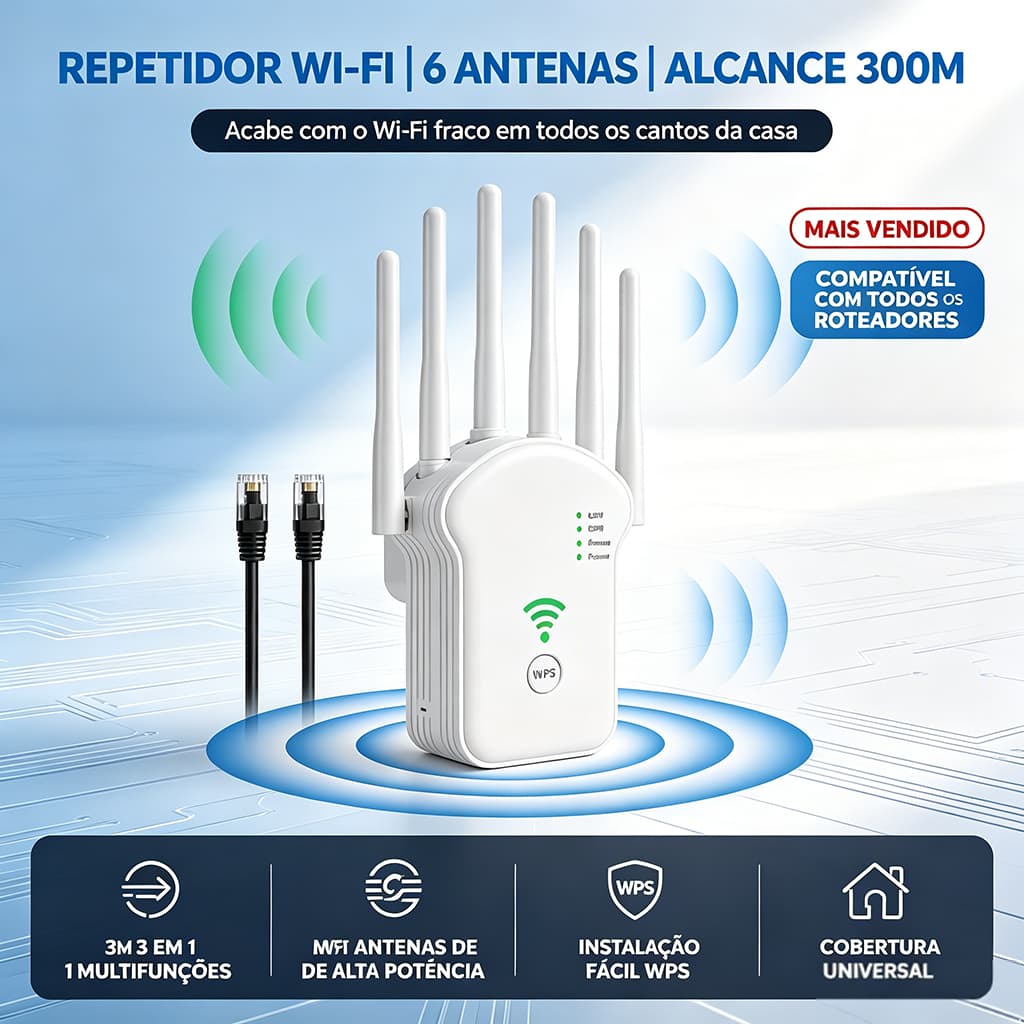 Repetidor Wi-Fi 1200Mbps com 6 Antenas – Roteador e Amplificador de Sinal 3 em 1, Alcance de 300m