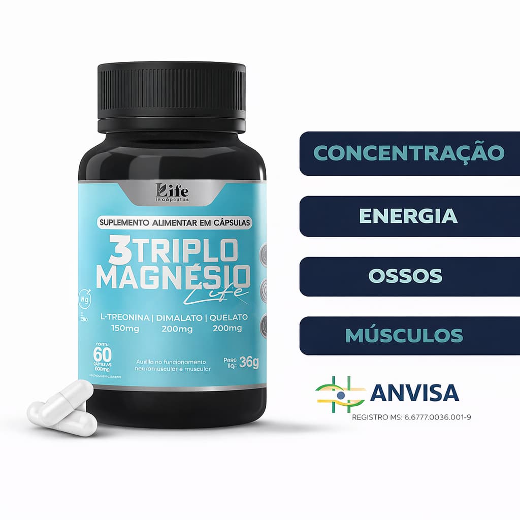 1 Un - Triplo 3 Magnésio Pro - 60 Capsulas | Quelato Dimalato Treonato | Envio Imediato