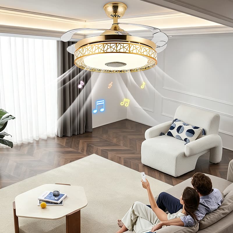 Ventilador De Teto Led Com Música Pás Retrátil C/controle 1.067M 60hz Dourado 110v/220v