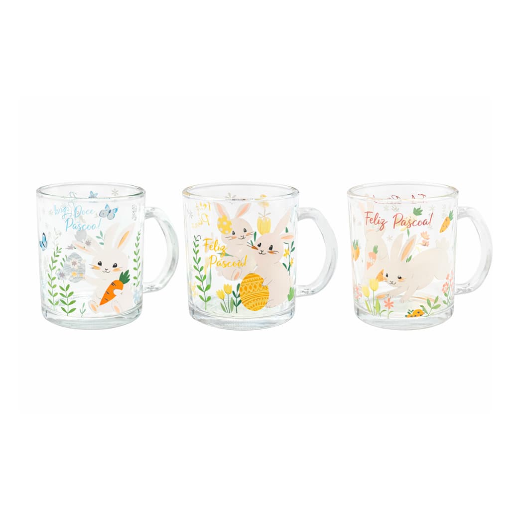 Kit 3 Canecas de Páscoa Decoradas Em Vidro 330ml