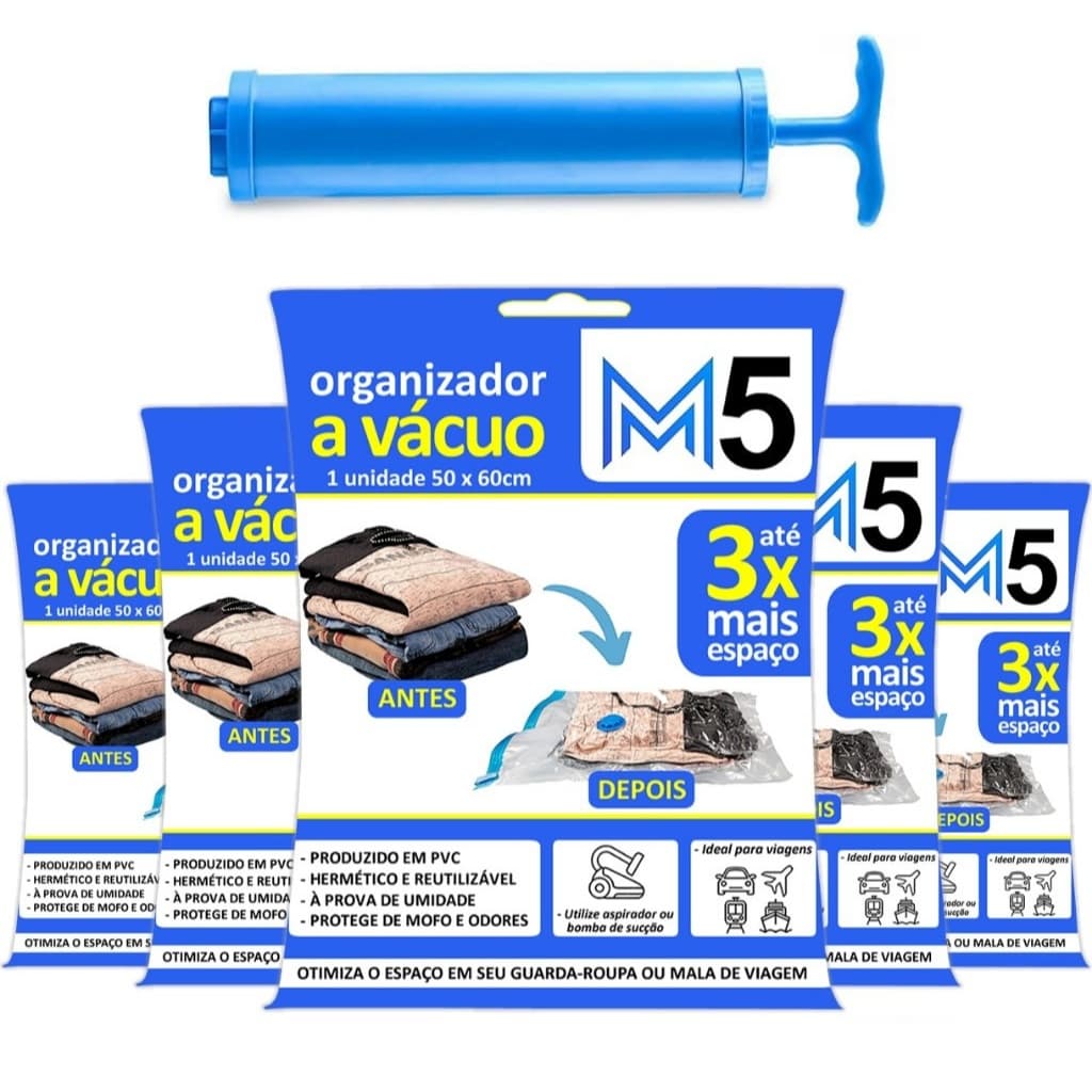Kit Saco a Vácuo 50x60cm Organizador Hermético de Roupas Mala de Viagem Guarda Roupa + Bomba