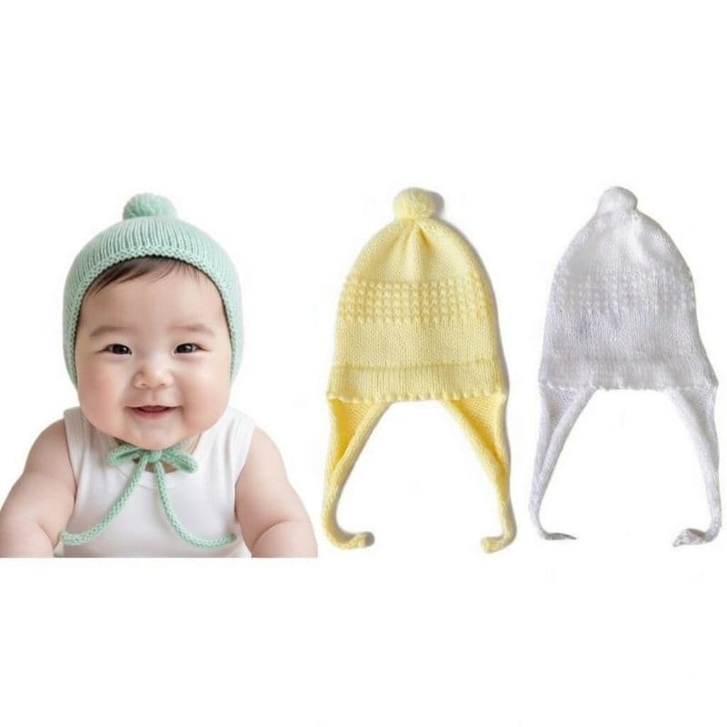 GORRO BEBÊ RECÉM NASCIDO - DE AMARRAR - KIT COM 3 - LÃ - TRICÔ - SAÍDA DE MATERNIDADE
