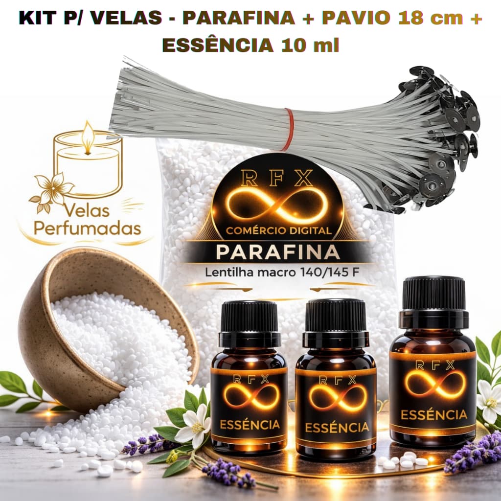 Kit Velas Decorativas l Parafina Lentilha + Pavio parafinado A2030 c/ 18 cm + Essencia p/ Vela