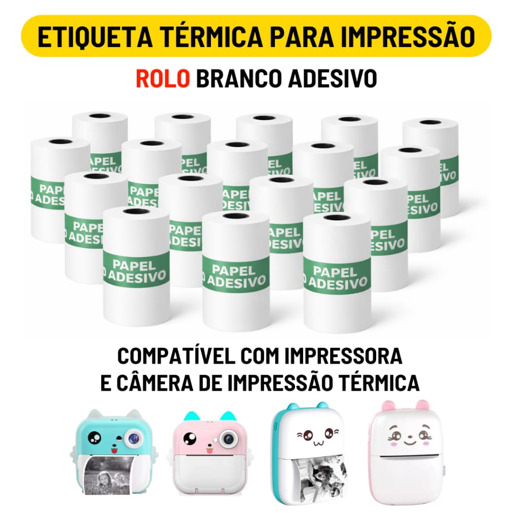 Rolo Etiqueta Térmica Adesiva Branco 57mm Refil Bobina Para Mini Impressora Portátil e Maquina Fotográfica
