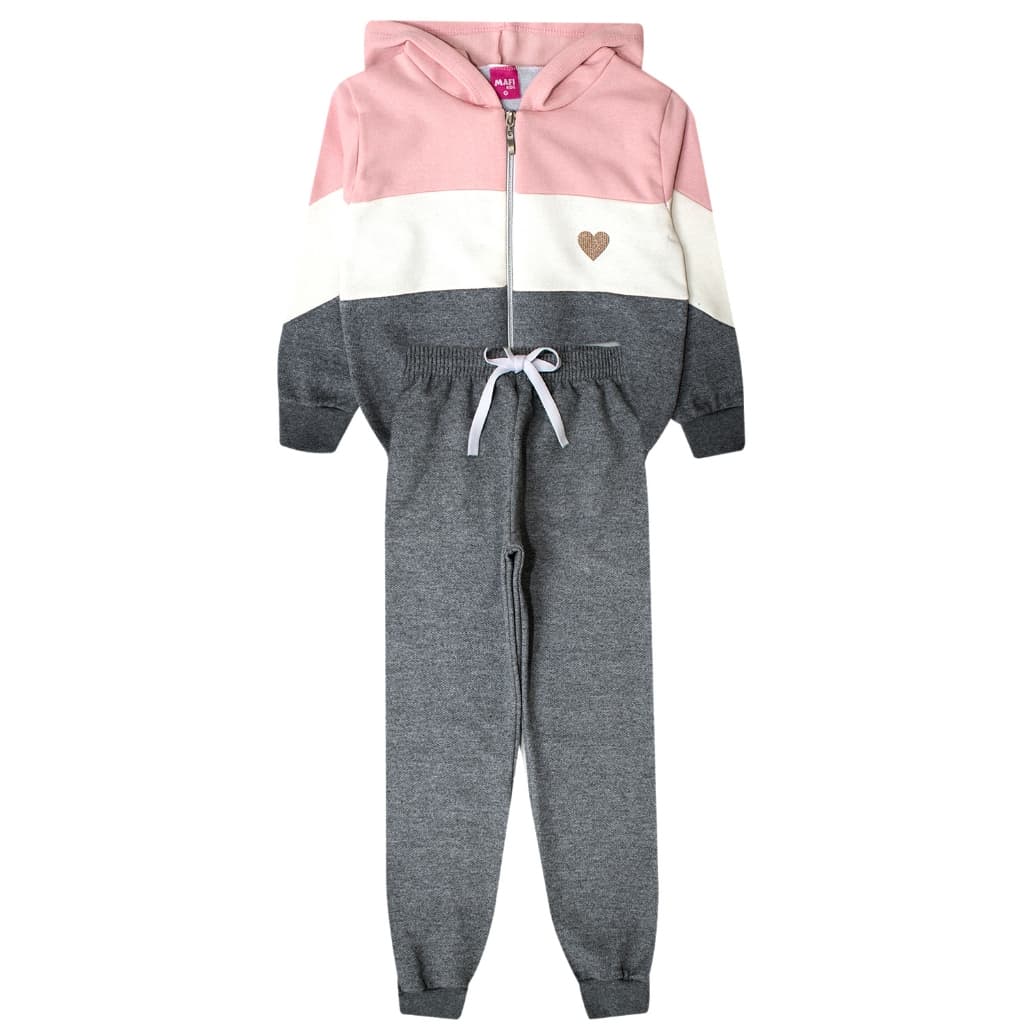 Conjunto Moletom Infantil Menina com capuz e Zíper Rosa Cinza Claro