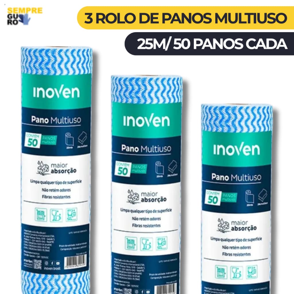 Kit 3 Rolo Pano Multiuso Azul c/ 50 Cada | 25m 50x28cm - Perfex Reutilizável Limpeza