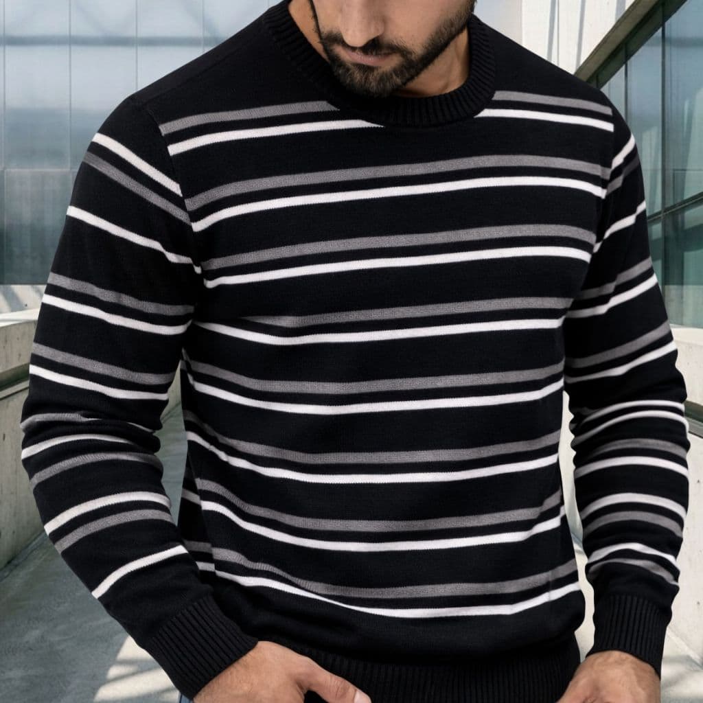Blusa de Frio Masculina Listrado Sueter de Lã Premium Gola Careca Masculino Manga Longa Com Listras