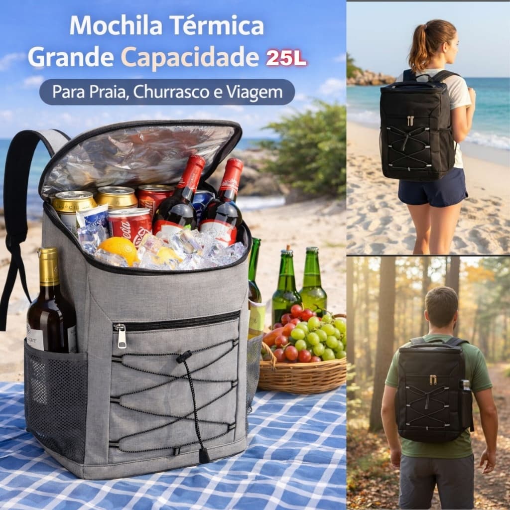 Mochila Térmica 25L Impermeável, Grande Capacidade, Bolsa Cooler para Praia, Churrasco e Camping