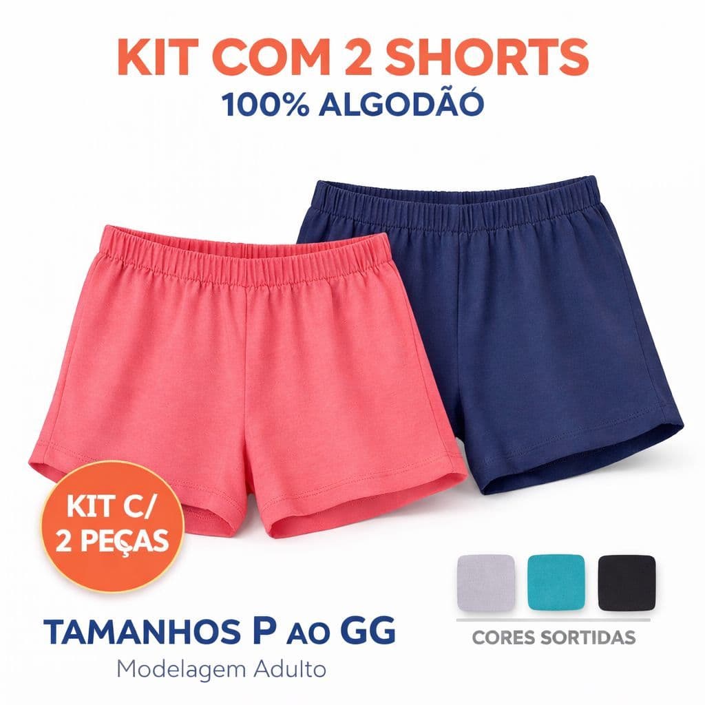 Kit 2 Shorts Feminino 100% Algodão Confortável - Malha Macia - P ao GG - Cores Sortidas - Ideal para Dormir ou Dia a Dia