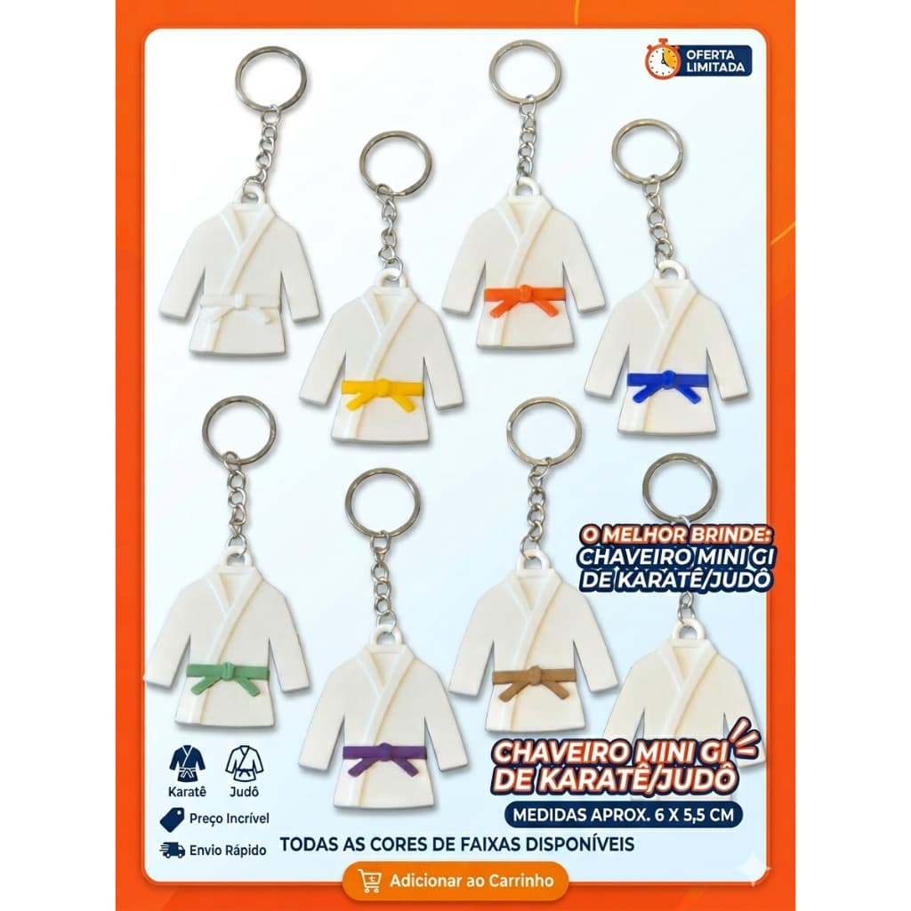 Chaveiro de Kimono Karatê/Judô 3D – Mini Gi com Faixa Colorida