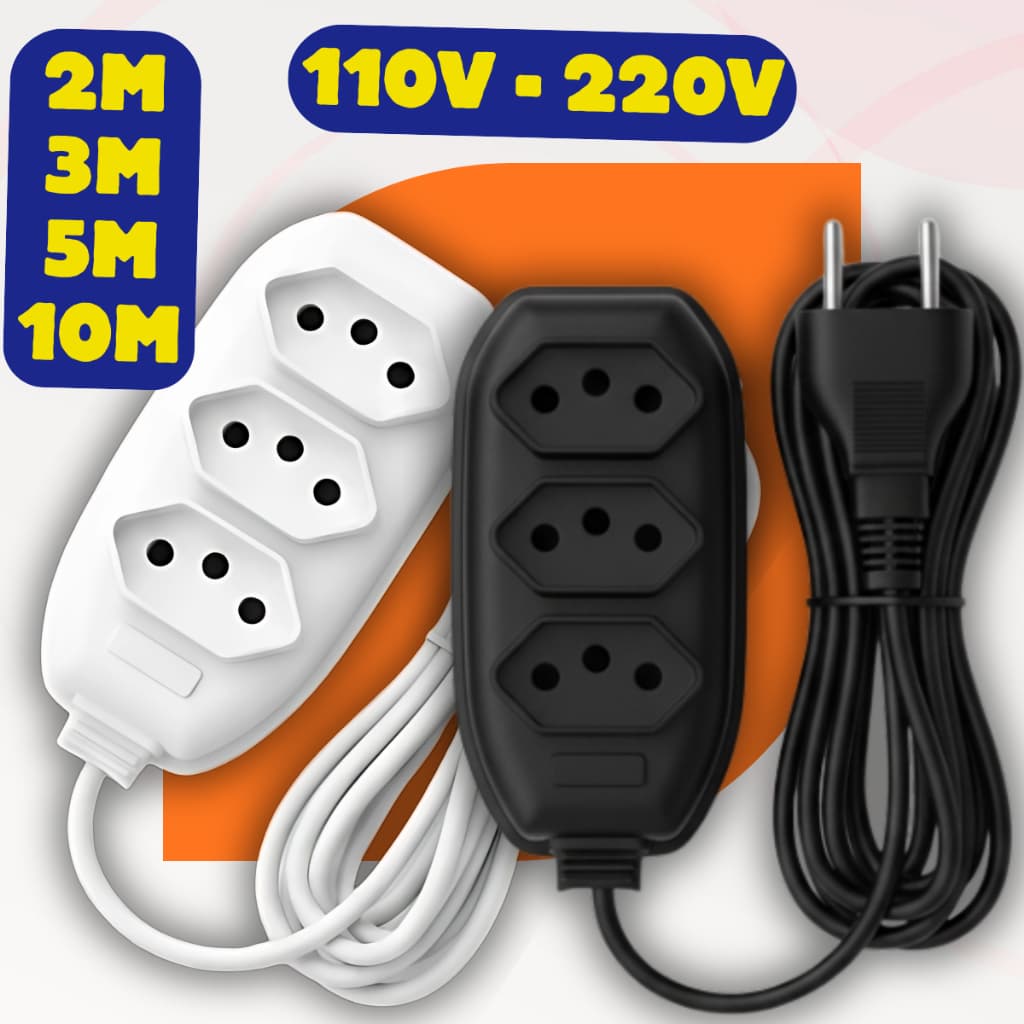 Extensão de Energia 10A Bivolt 110/220V 2m 3m 5m 10m Tripolar Preta Durável