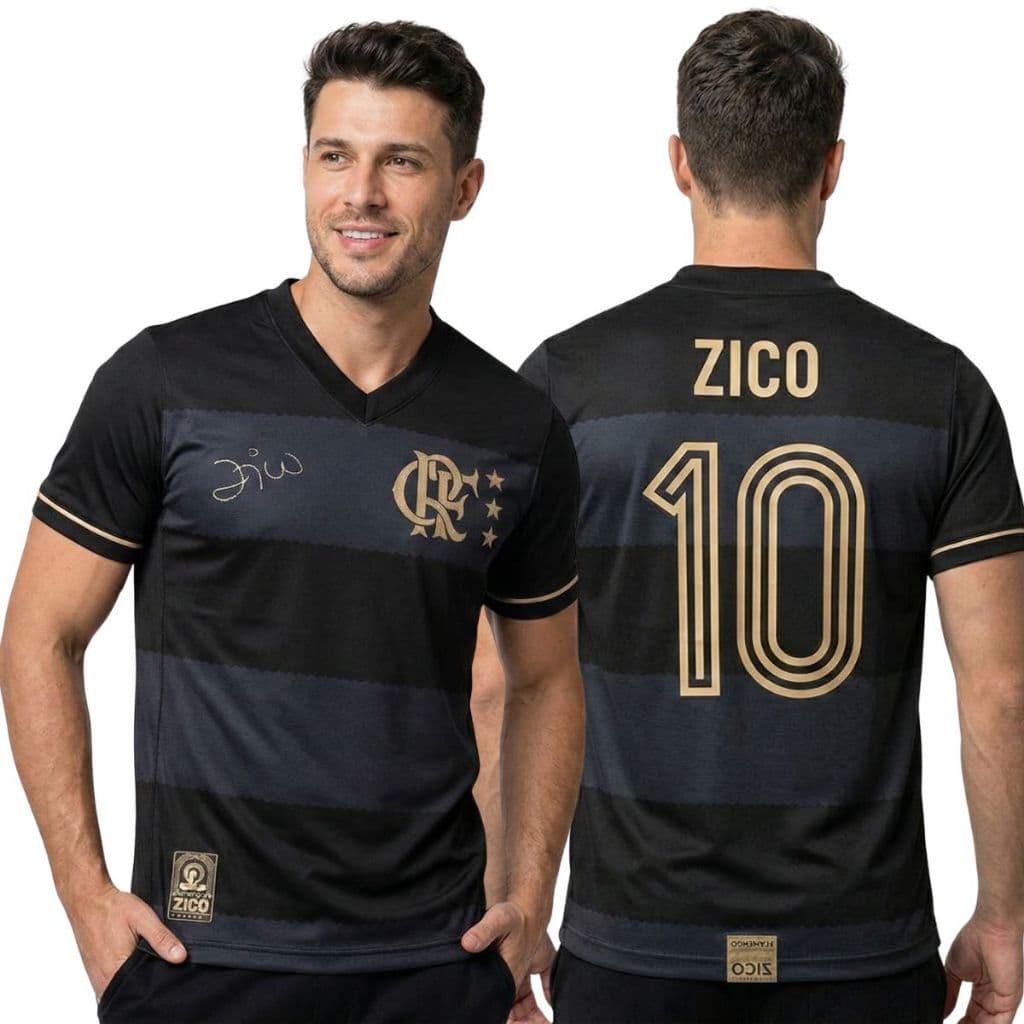 Camisa Flamengo Retrô Zico 1981 Masculina Preto e Dourado Oficial