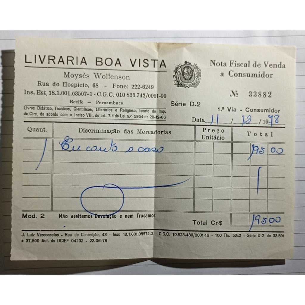 Nota Fiscal – Livraria Boa Vista – Recife (PE) – 1978