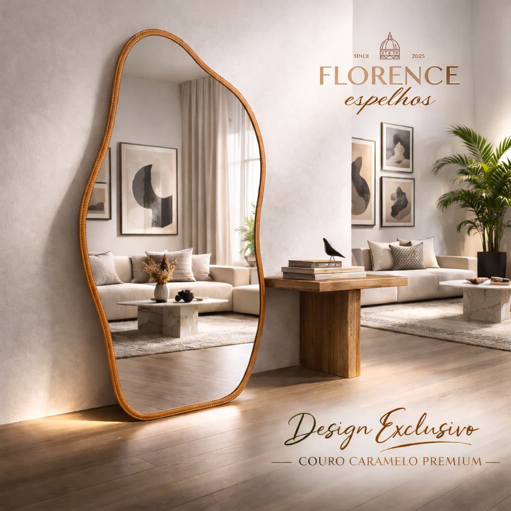 Espelho Orgânico 120x50 e 80x40Com Moldura EM COURO Corpo Inteiro Morderno Luxo