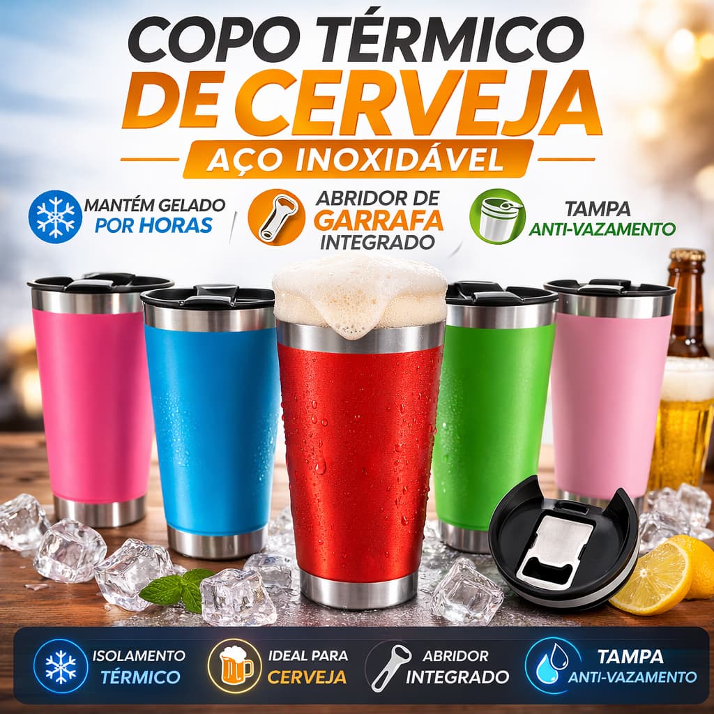 Copo Térmico com Tampa E Abridor 473ml Cerveja Café Inox Beer Cup Gelada Quente Caneca
