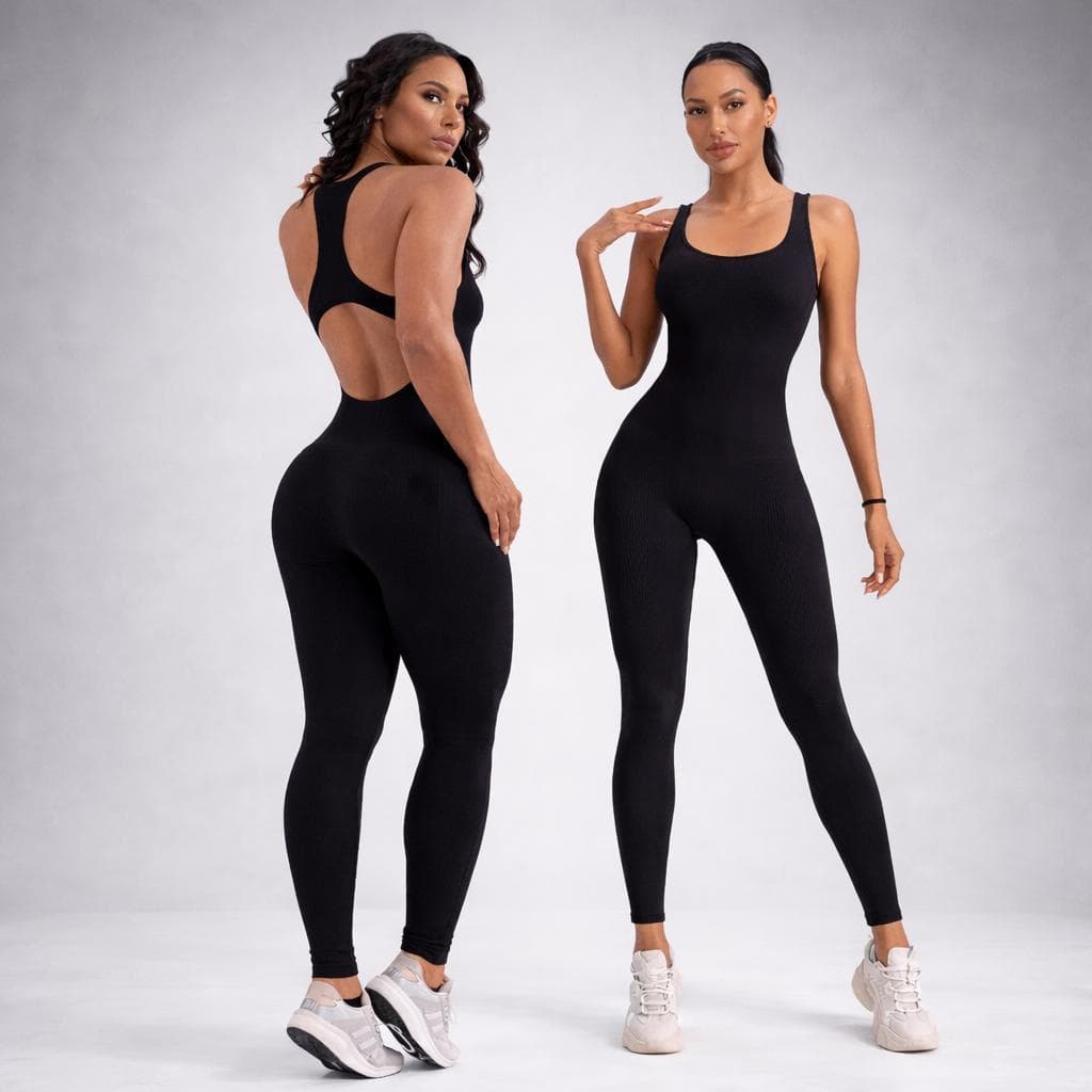 Macacão Longo Canelado Feminino com Bojo Removível Academia Fitness Zero Transparência Malha Premium