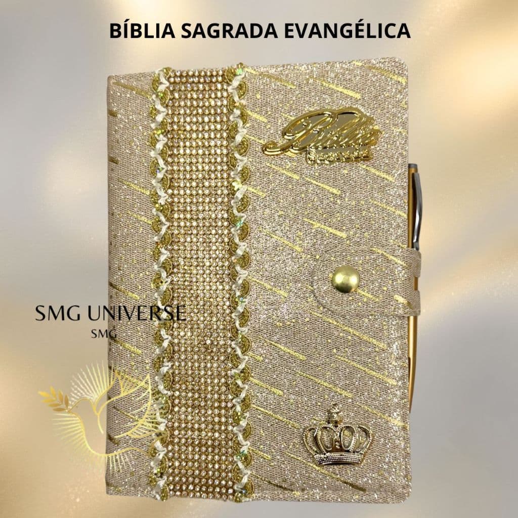 Biblia Sagrada Luxo Com Harpa E Pedraria Dourada Letra Hiper Gigante