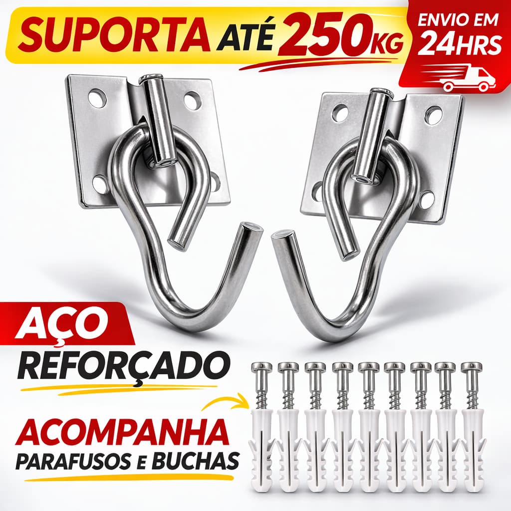 Par de Gancho para Rede Balanço até 250kg Armador Aço Grosso Reforçado Com 8 Parafusos E 8 Buchas