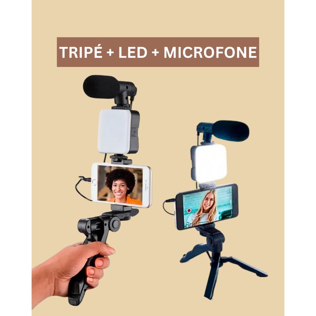 Kit Tripé para Celular com Luz LED e Microfone T&Z para Streaming Podcast, Selfies, Vídeos e Gravações