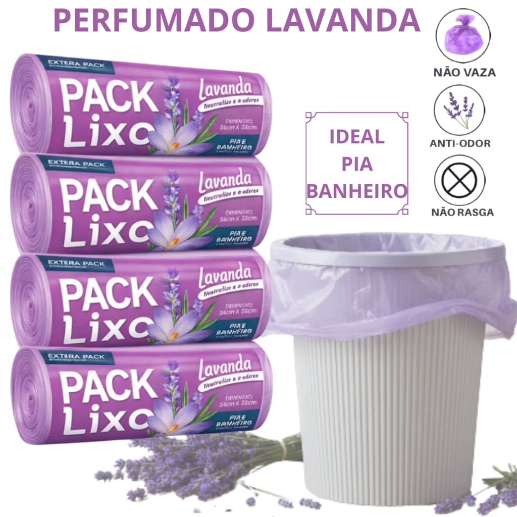 Saco de Lixo Perfumado Lavanda Kit com  40/80/120 Sacos Para Pia e Banheiro Neutraliza Odores Econômico Resistente