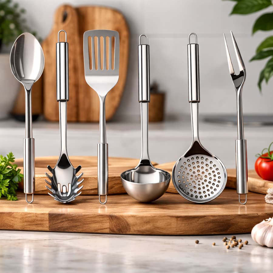 Kit 6 Utensílios de Cozinha em Aço Inox Escumadeira Concha Colher Arroz Pegador Massa Garfo Trin