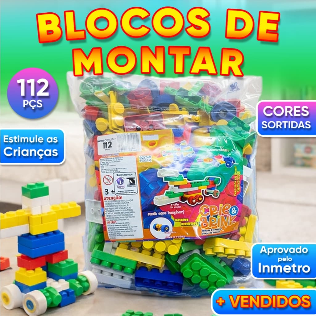 Blocos de Montar 112 peças Educativo Didático Presente Criança Infantil - Crie e Brink