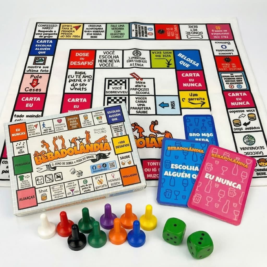 Jogo Bebadolândia Festa Esquenta Bebida After Churrasco Tabuleiro Tecido 8 Pinos 2 Dados 60 Cartas