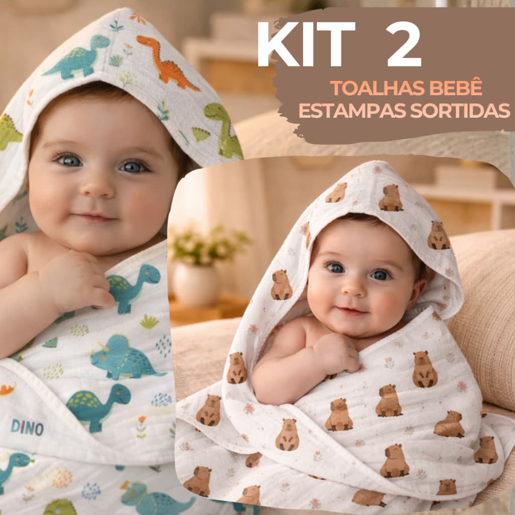 Kit 2 Toalhas Bebê 100% Algodão com Capuz Soft Dupla Camada Macia Absorvente Menino Menina Neutro
