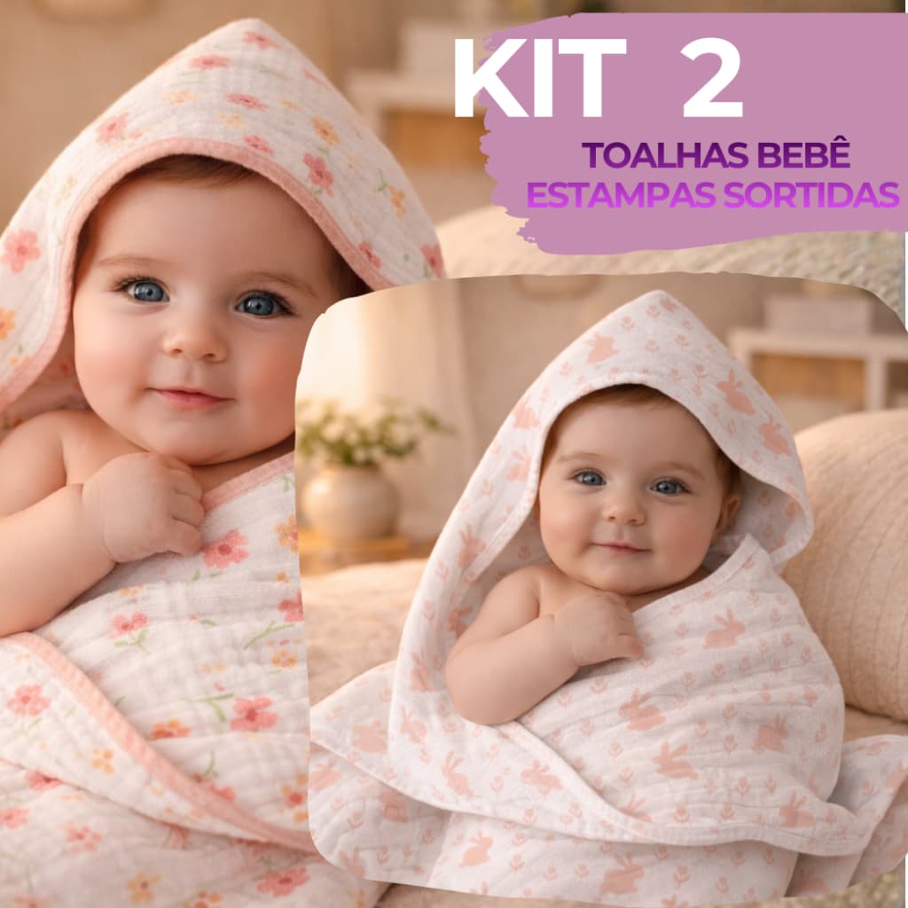 Kit 2 Toalhas Bebê 100% Algodão Capuz Soft Dupla Camada Macia Absorvente Menino Menina Neutro