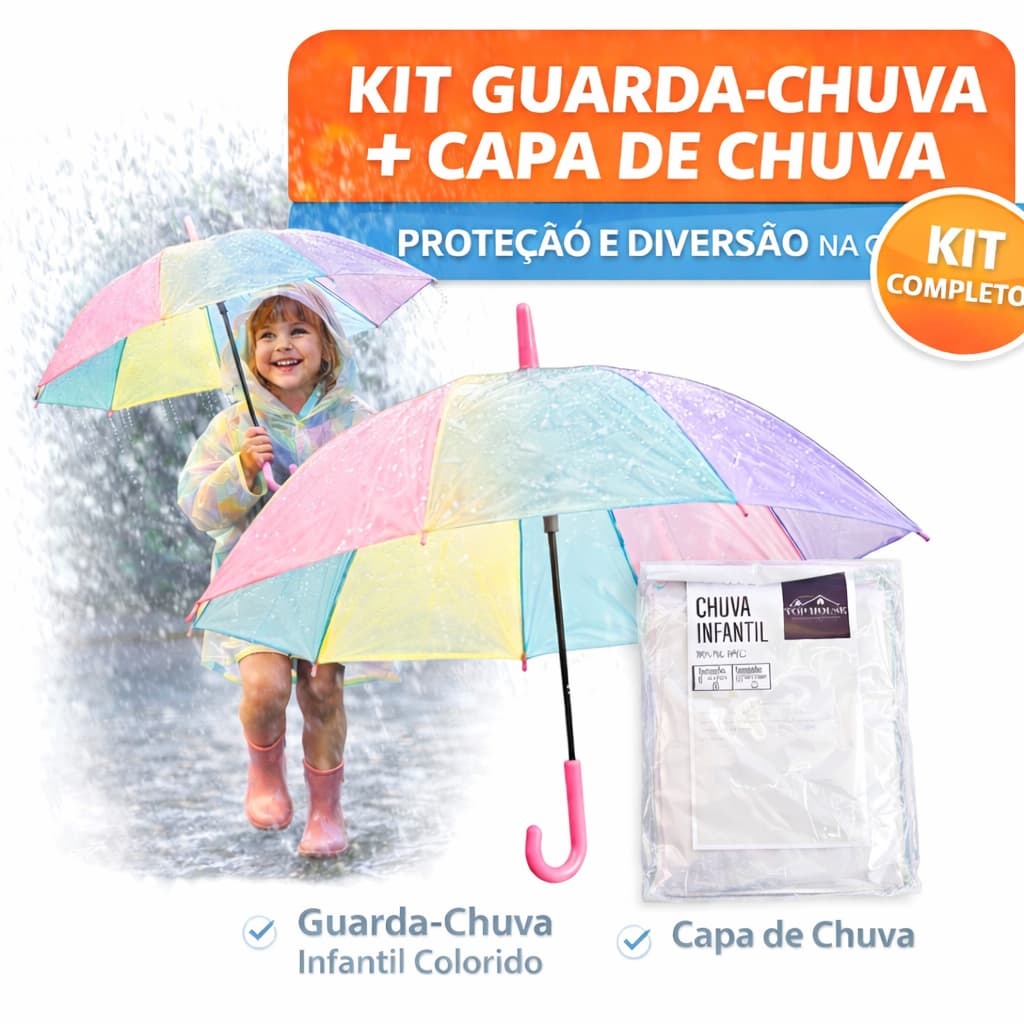 Guarda-Chuva Infantil Colorido Arco-Íris + Capa de Chuva KIT escolar Ideal menino e menina