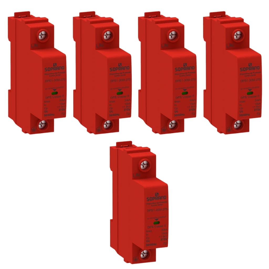 Kit 5 Dispositivo Protetor Contra Surtos Anti Raio Dps Monobloco 1P 15-30KA 275VAC - DPS1-30M-275