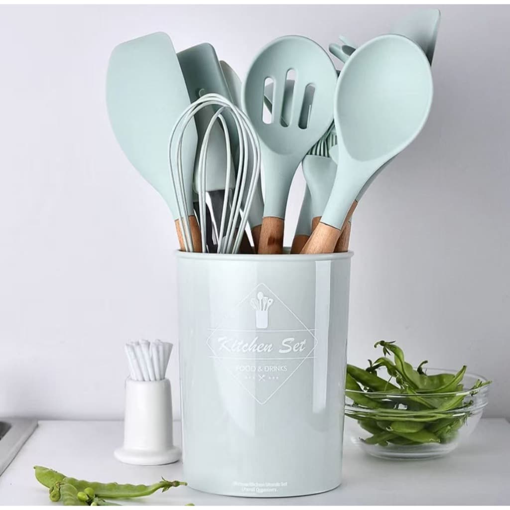 Jogo de Cozinha Kit 12/19 Peças Utensílios de Cozinha em Silicone e Cabo de Madeira Antiaderente