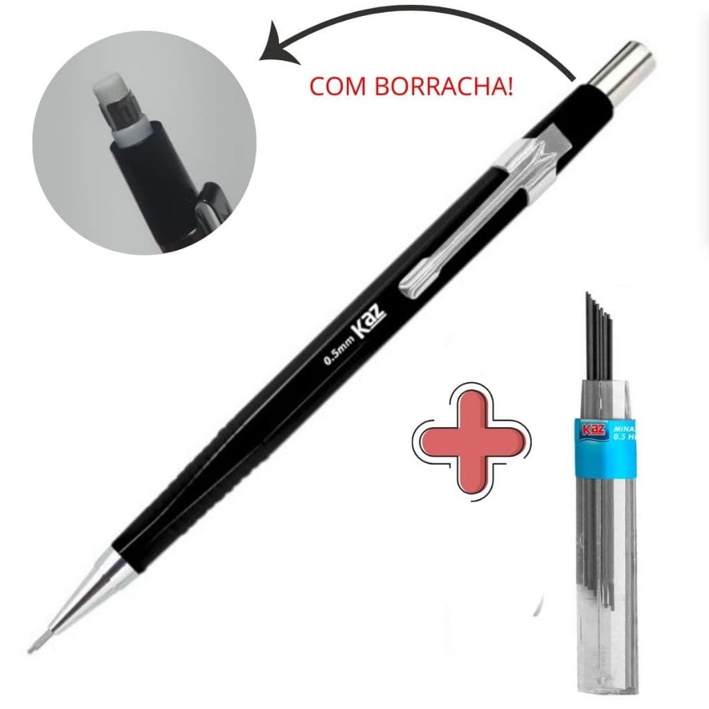 Lapiseira Técnica Preta Kaz Ponta Fina 0.5mm Recarregável Com Borracha + Grafite