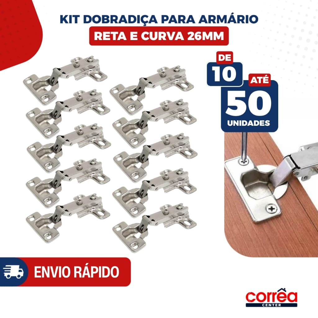 Dobradiça 26mm Reta para Porta de Armário – Cozinha, Banheiro e Móveis – de 10 até 50 unidades