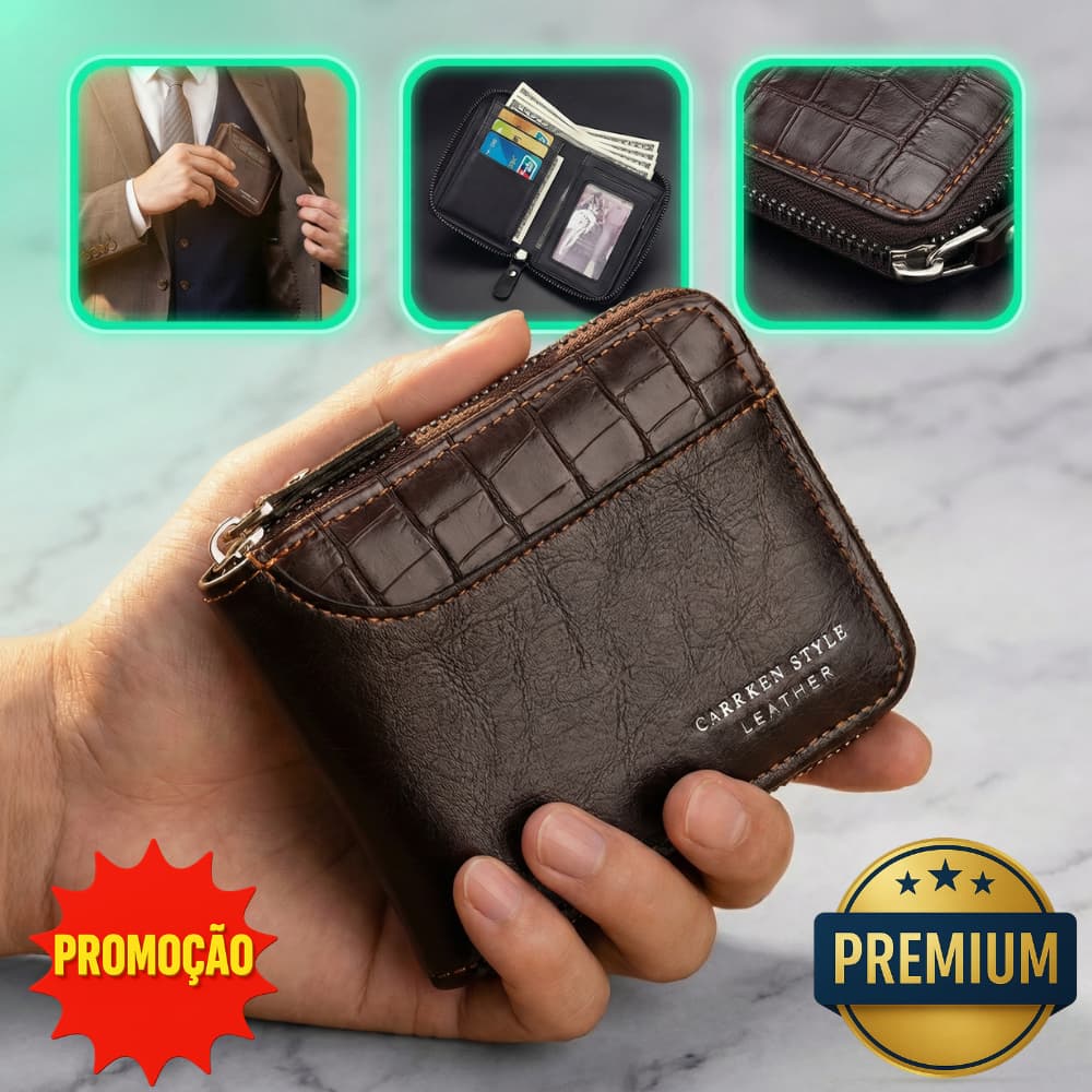 Carteira Masculina Com Ziper Padrão De Pedra-Bolso Para Moedas Zíper Cartões Bordas Costuradas