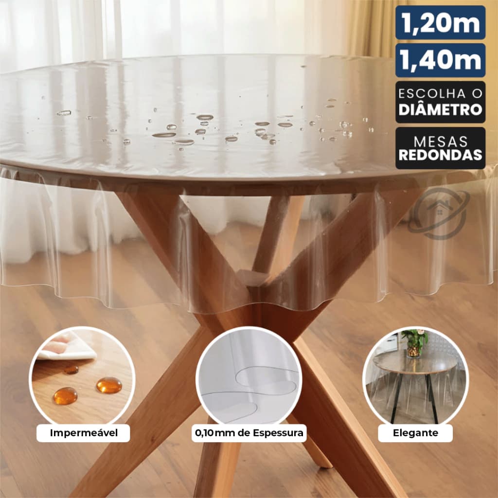 Toalha PVC Cristal Transparente Redonda 120cm ou 140cm Diâmetro | Fácil de Limpar, Protege a Mesa 4 Lugares Impermeável