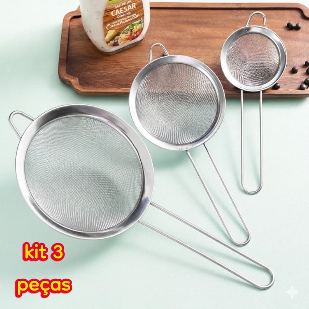 Kit 3 Peneira Aço Inox 08/10/12 cm Coador Farinha Suco Confeitaria Peneira de Cozinha
