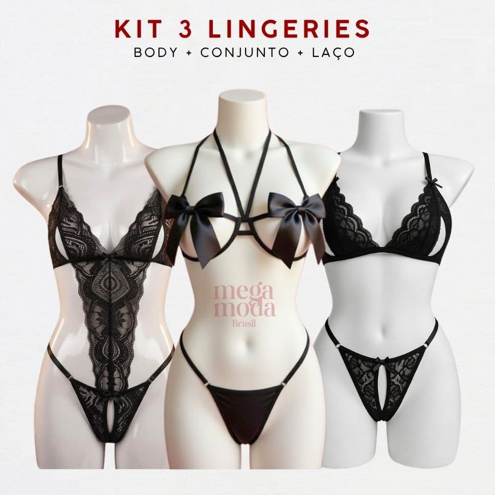 Kit 3 Lingeries - Conjunto Laço - Body e Conjunto Apressadinha Lingerie Sensual Espera Marido Sexy
