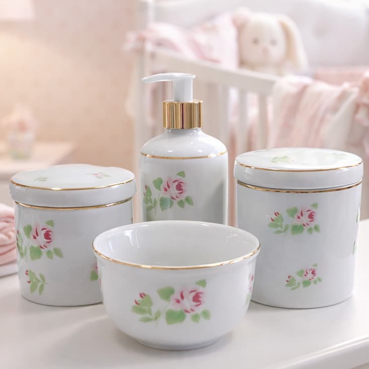 Kit Higiene Bebê Porcelana Floral Rosa Com Friso Dourado
