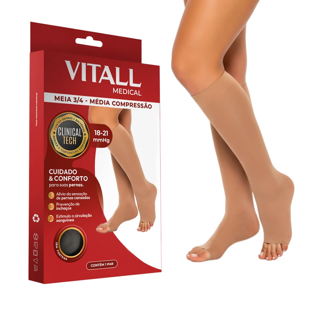 Meia 3/4 Vitall Medical Média Compressão Sem Ponteira Feminina 18-21 mmHg