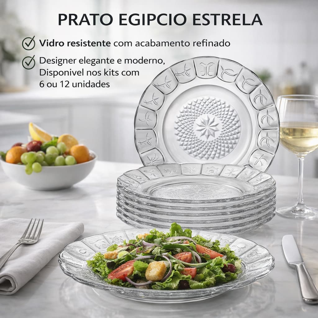 Jogo Pratos Vidro Egipcio Estrela 6 12 Pecas Prato Fundo Transparente Resistente Cozinha Mesa
