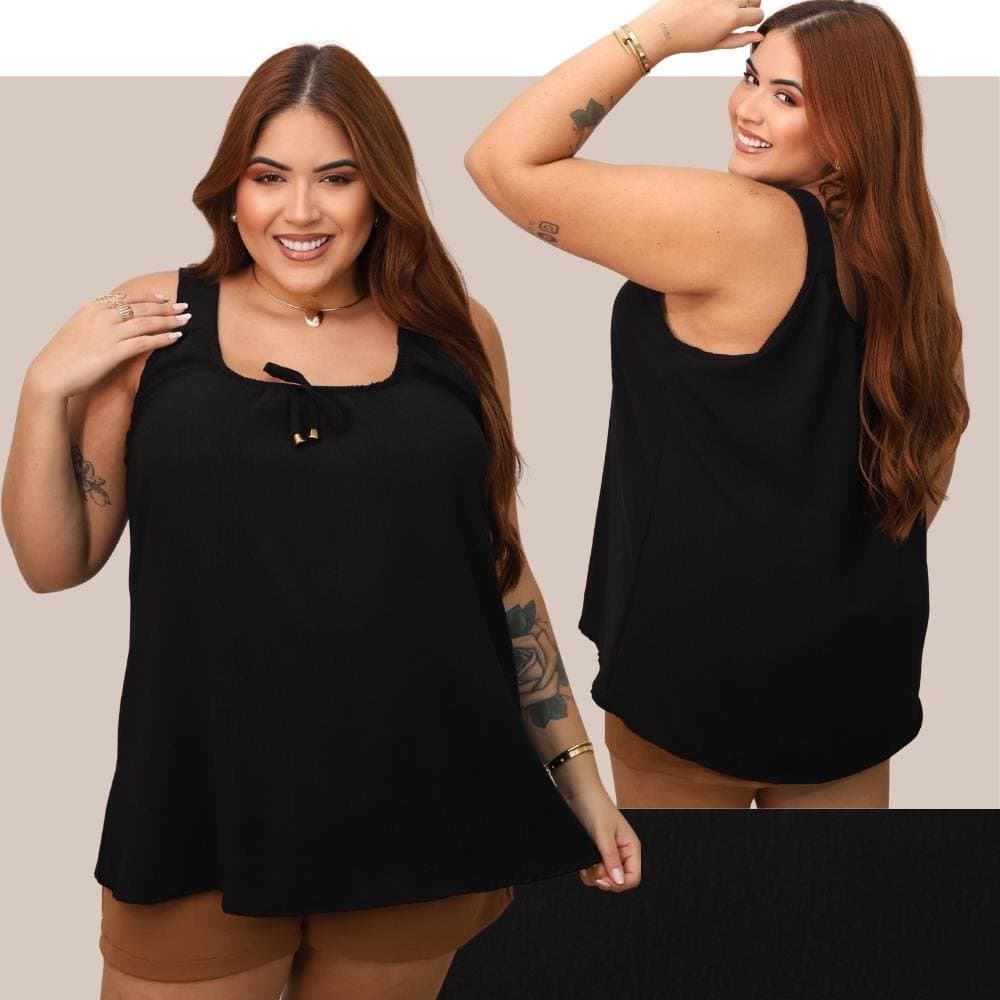 Blusa Regata Feminina Plus Size Elastico Na Gola Com Ponteira Dourada