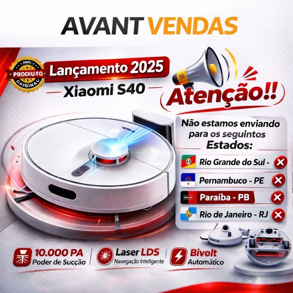 Robô Aspirador Xiaomi S40 –10.000 Pa de Potência | Bivolt (Aspira e Passa Pano) Lançamento 2025  +NF