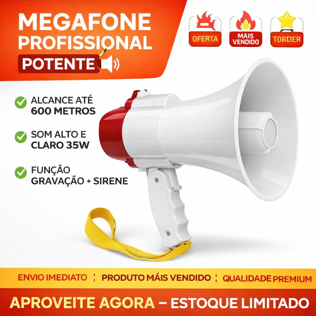 Megafone Profissional 35W Recarregável com Gravação e Sirene 600m