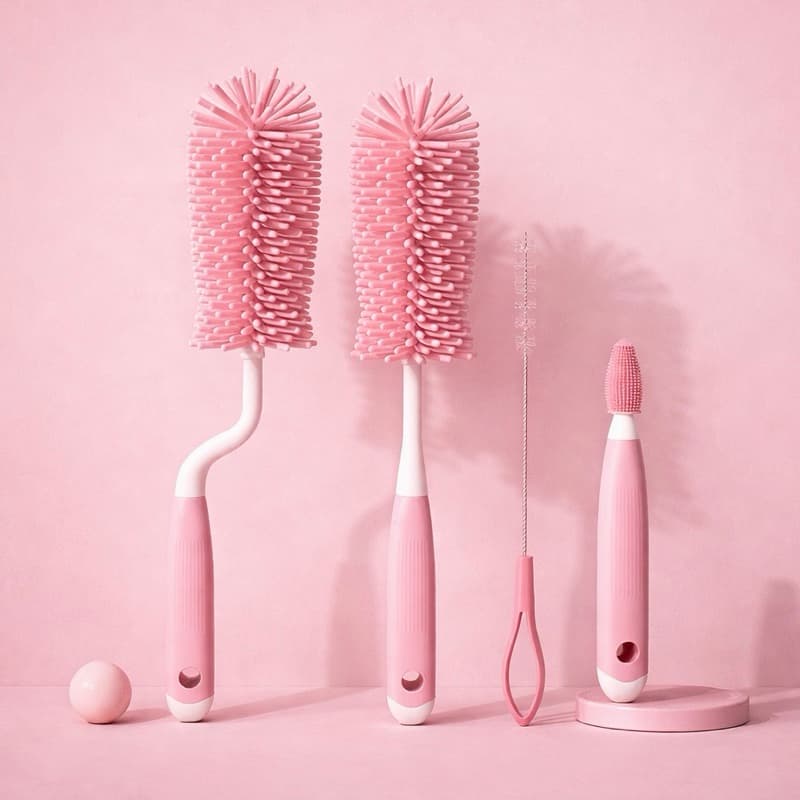 Kit 4 Escova de Mamadeira Silicone 360° Limpeza Completa com Escova de Bico e Canudo