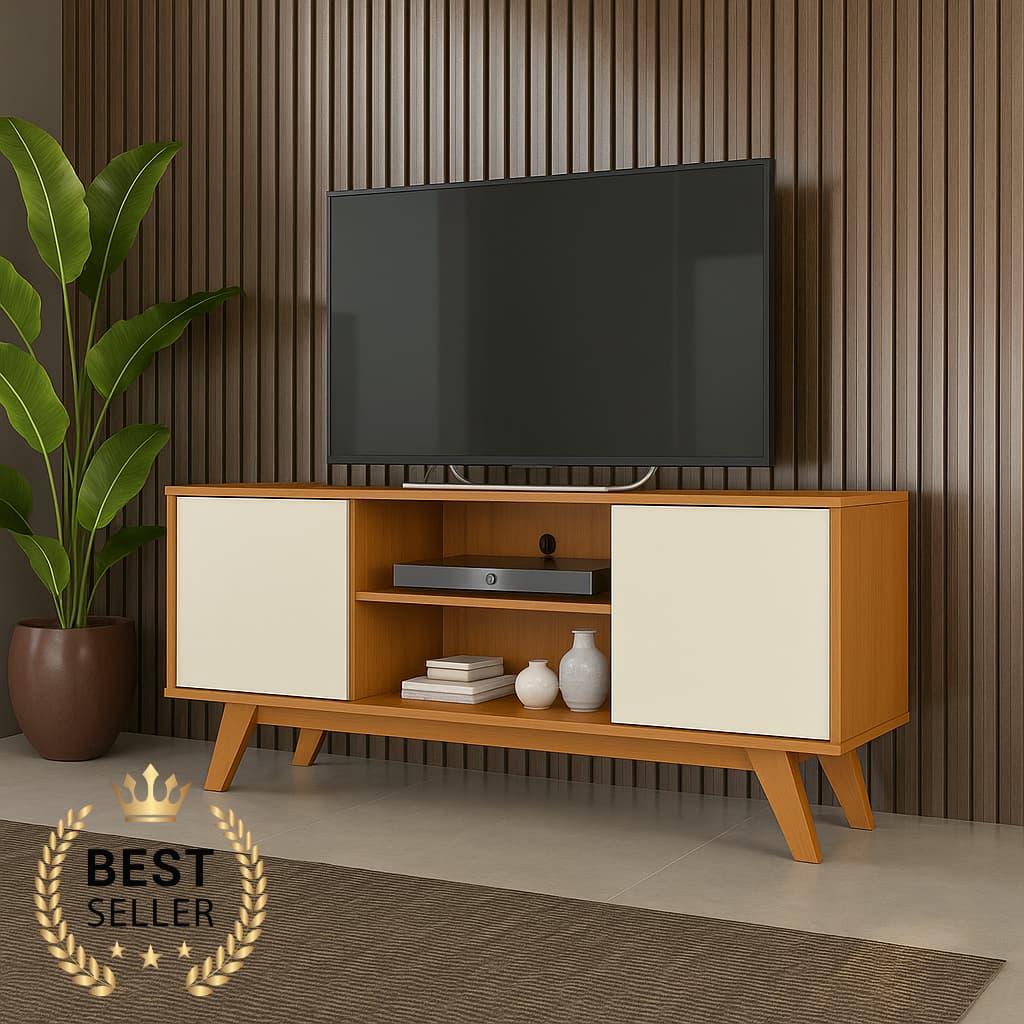 O MAIS QUERIDO DA SHOPEE Rack Turim 2 Portas para TV de até 50 Polegadas Com Pés em Madeira Maciça