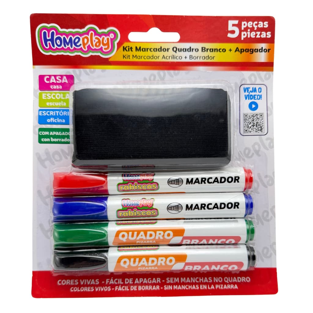 Kit Marcador Quadro Branco 5 Peças com Apagador Homeplay – Canetas Coloridas para Escola, Escritório e Casa