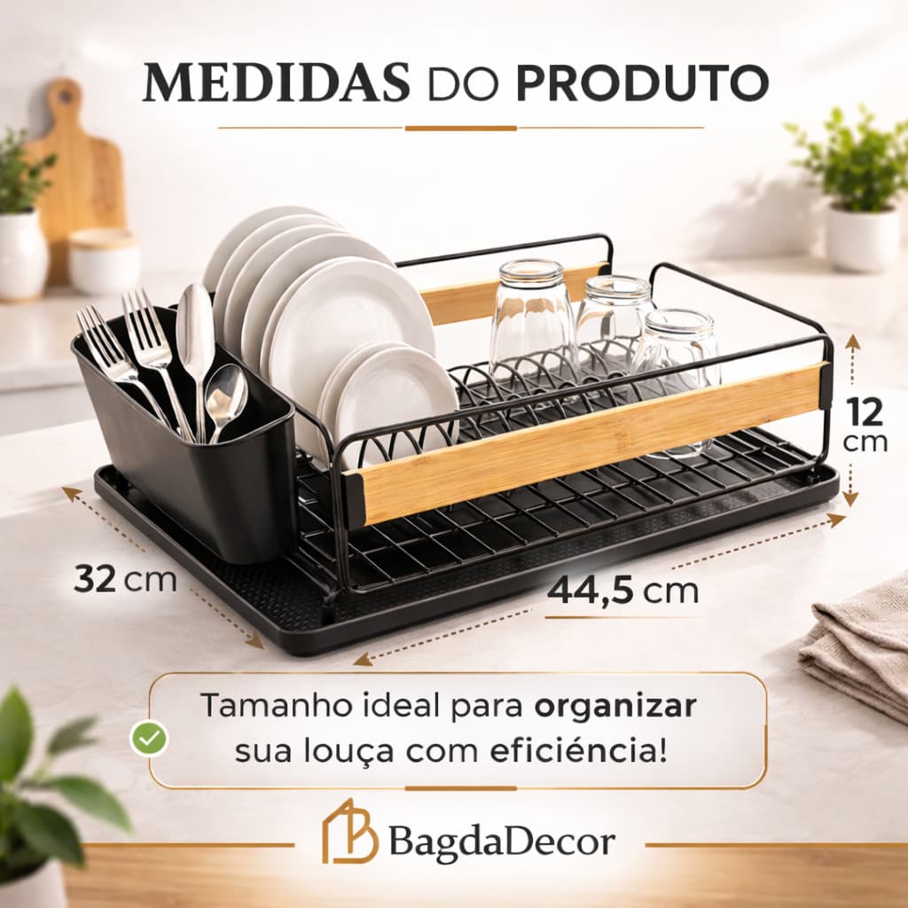 ⭐ Escorredor de Louça Premium Preto com Bandeja Removível 🥂 Porta Talheres Aço Inox + Bambu