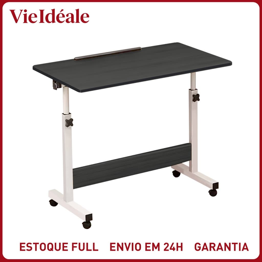 Mesa Giratória 180° Multiuso c/ Rodinhas Altura Ajustável - Notebook Cama Sofá Prática Preto